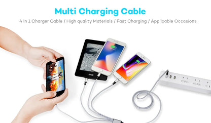 Multi USB Charging Cable (3A) USB Cable 4 in 1 Fast Charging Cord Adapter for iphone Android Phones Tablets and More