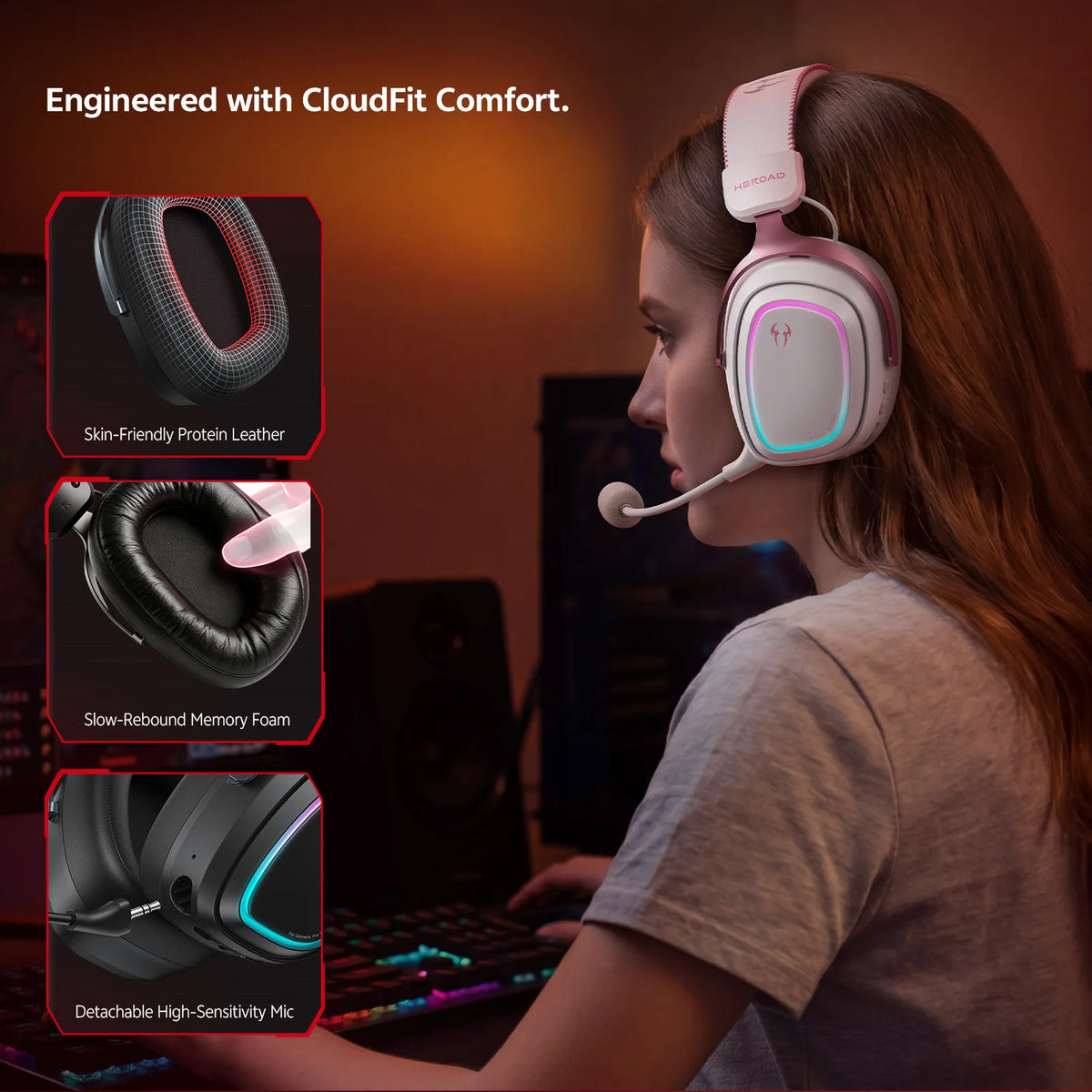 QCY Gaming Headset Heroad GT2 THX Spatial Audio+ 7.1.4 Tri-mode RGB 3-Mic ENC Over Ear Headphone for PC/PS4/PS5 Headset Gamer