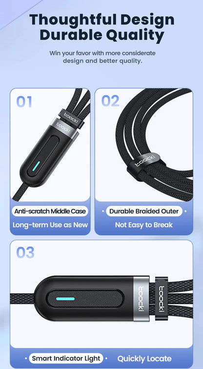 Toocki 3 in 1 USB C Cable 6A Fast Charge for Huawei Honor Micro USB Lightning Charger Cord for iPhone 14 Samsung Xiaomi Oneplus