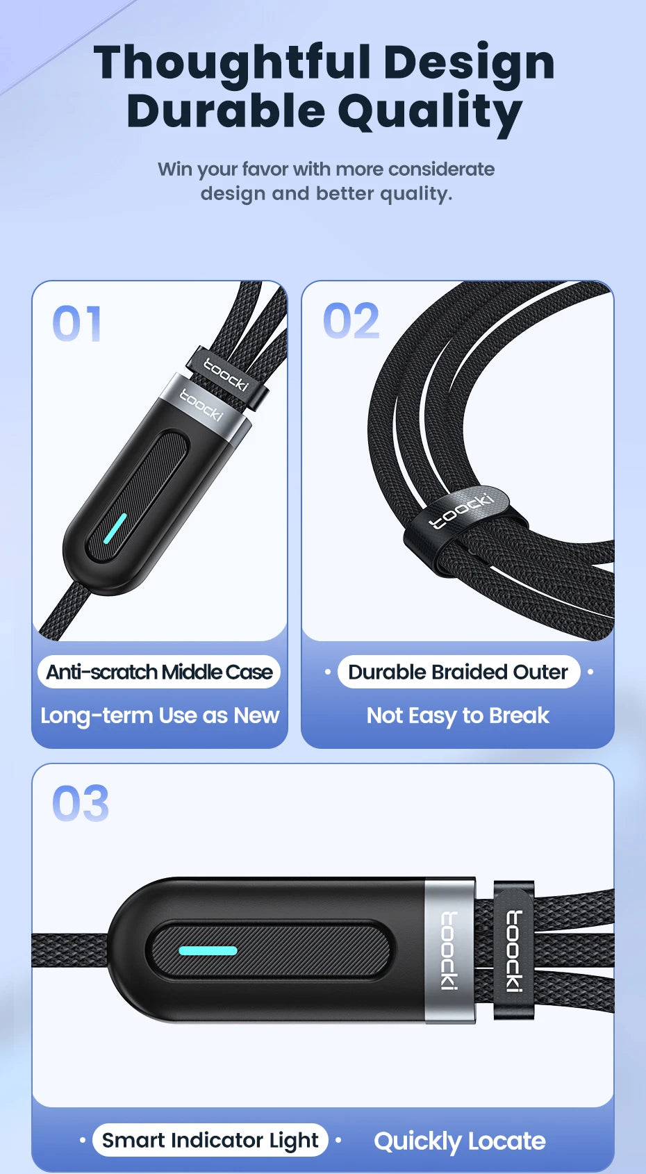 Toocki 3 in 1 USB C Cable 6A Fast Charge for Huawei Honor Micro USB Lightning Charger Cord for iPhone 14 Samsung Xiaomi Oneplus