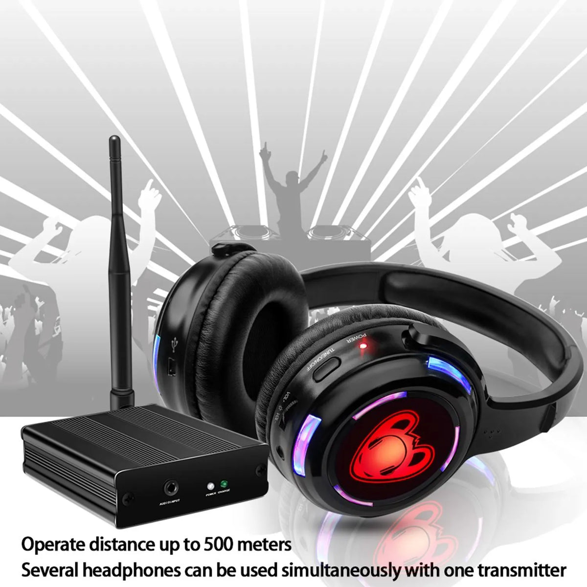 Best Silent Disco Headset Party System LED Flashing Headphones with 3-CH 500M  Transmitter- RF Wireless For iPod MP3 DJ Music