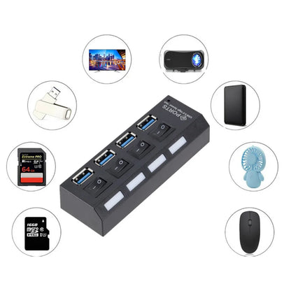 GRWIBEOU High Speed USB HUB 3.0 5Gbps USB 3.0 4 Ports HUB Newest Compact Lightweight Portable Adapter Hub with Power Supply