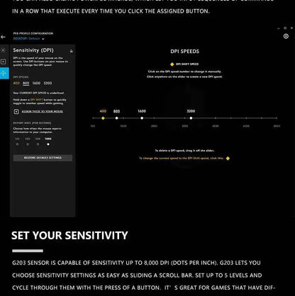 Logitech G203 Prodigy Wired Gaming Mouse 8000 DPI RGB Lighting 6 Buttons On-Board Memory 2.1m Cable Windows ChromeOS