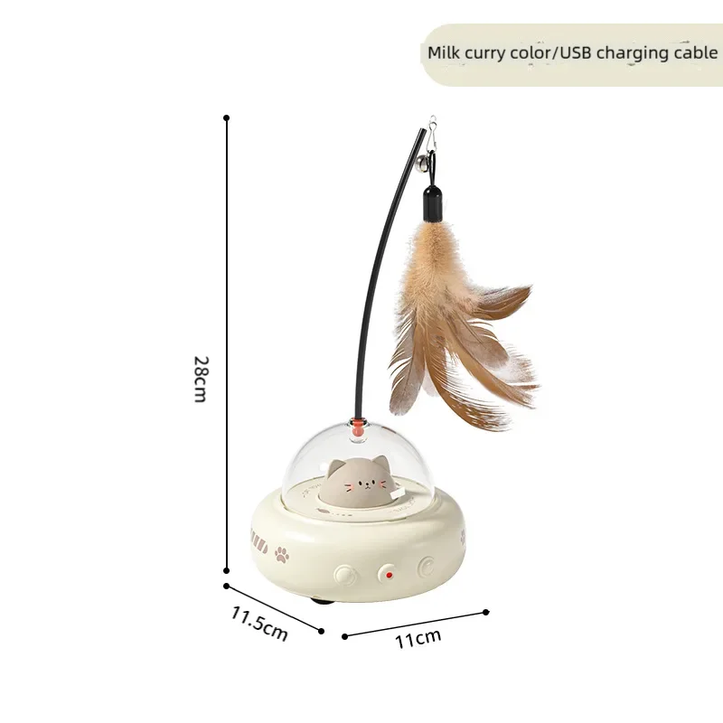 Electric UFO Smart Teaser Cat Toy with Bell Interactive Pet Teaser Stick Replaceable Feather Training Supplies for Cats