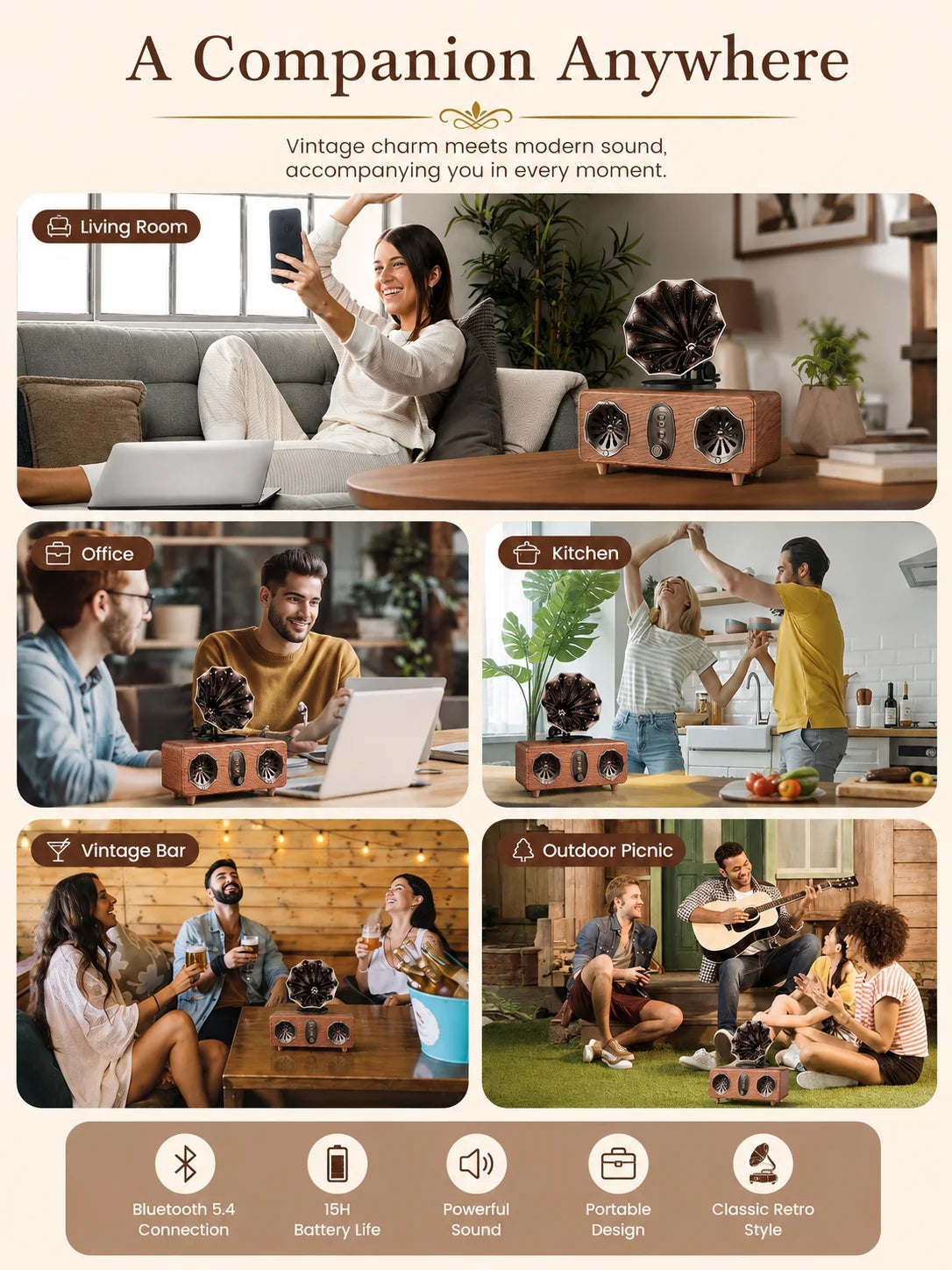 Retro Bluetooth Speaker,FM Radio Vintage Speaker Bass with USB TF AUX Player | Old Fashion Classic Style for Home, Office, Gift