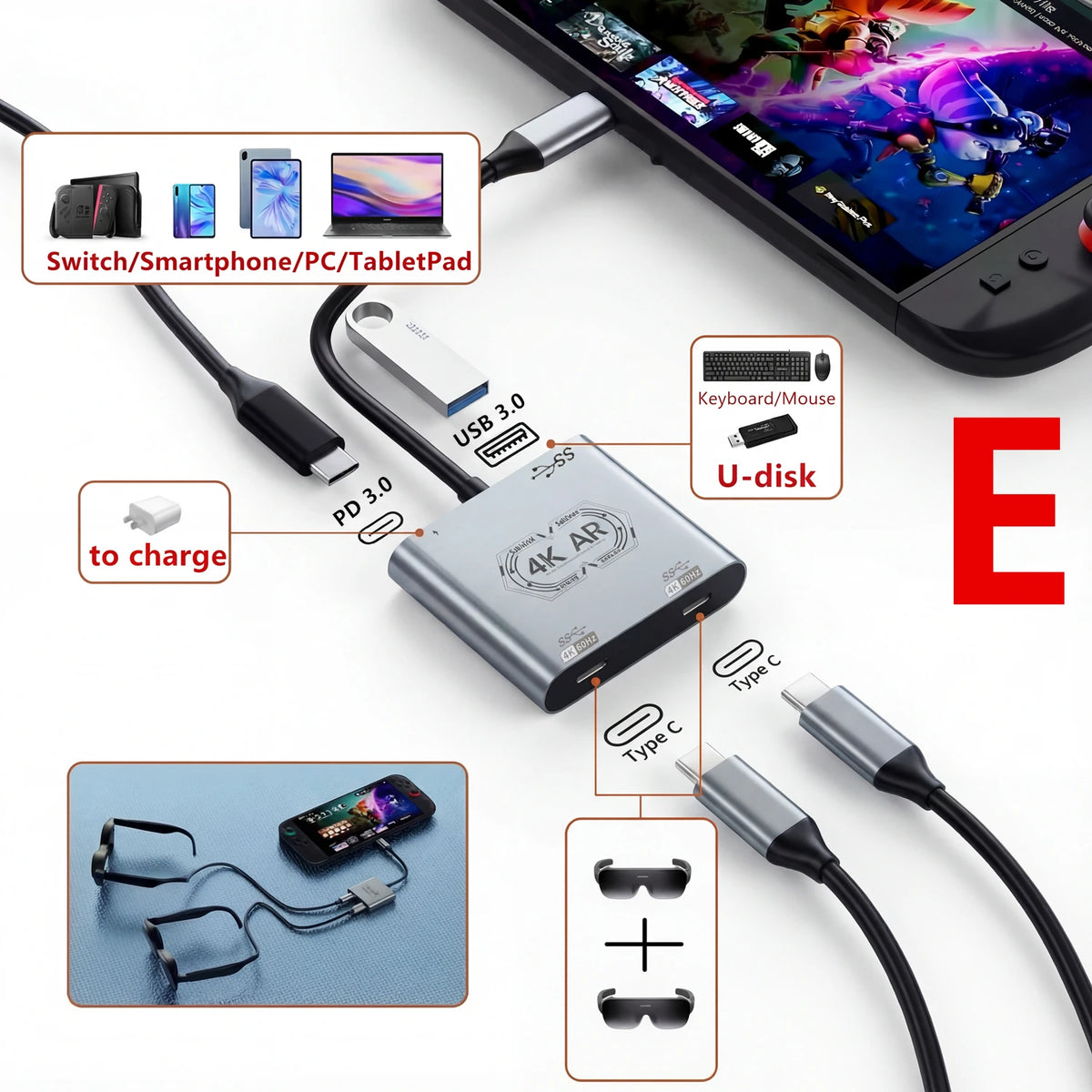 AR Glasses Hub Seamless Multi-Device Type-C HDMI-compatible Charging Adapter for Xreal Beam Viture Rokid Station Rayneo XR USB-C