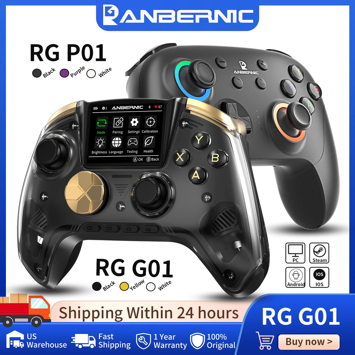 Anbernic RG G01 / RG P01 Retro Games Controller Hall Effect Triggers XBOX Gamepad for PC Android IOS Steam Linux Supports Bluetooth 5.3/Wired/2.4G Wireless