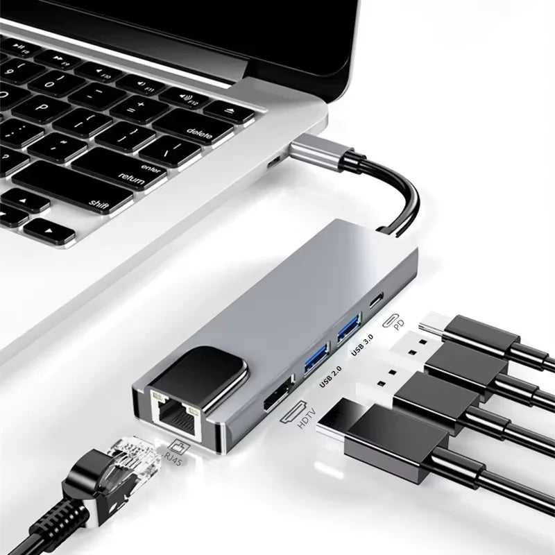 5 in 1 USB C Hub to 4K HDMI-compatible USB 3.0 2.0 Type C Charging RJ45 100M Splitter USB 3.0 5Gbps High Speed USB C HUB Adapter