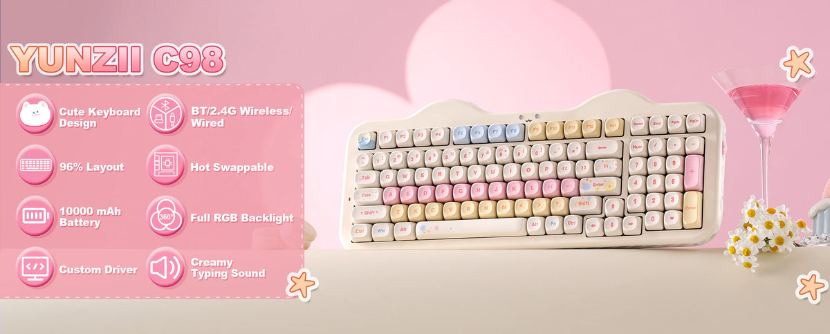 YUNZII C98 Wireless Mechanical Keyboard, 99-Key Hot Swap Gasket Keyboard with Numpad, Custom RGB Backlight,Cute Keeb for Win/Mac