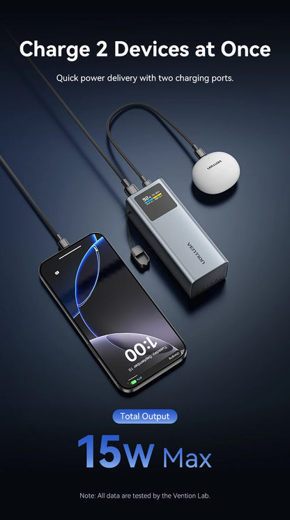 Vention 100W 20000mAh Power Bank PD External Battery PowerBank for iPhone 17 Fast Charging With USB-C Cable TFT Digital Display