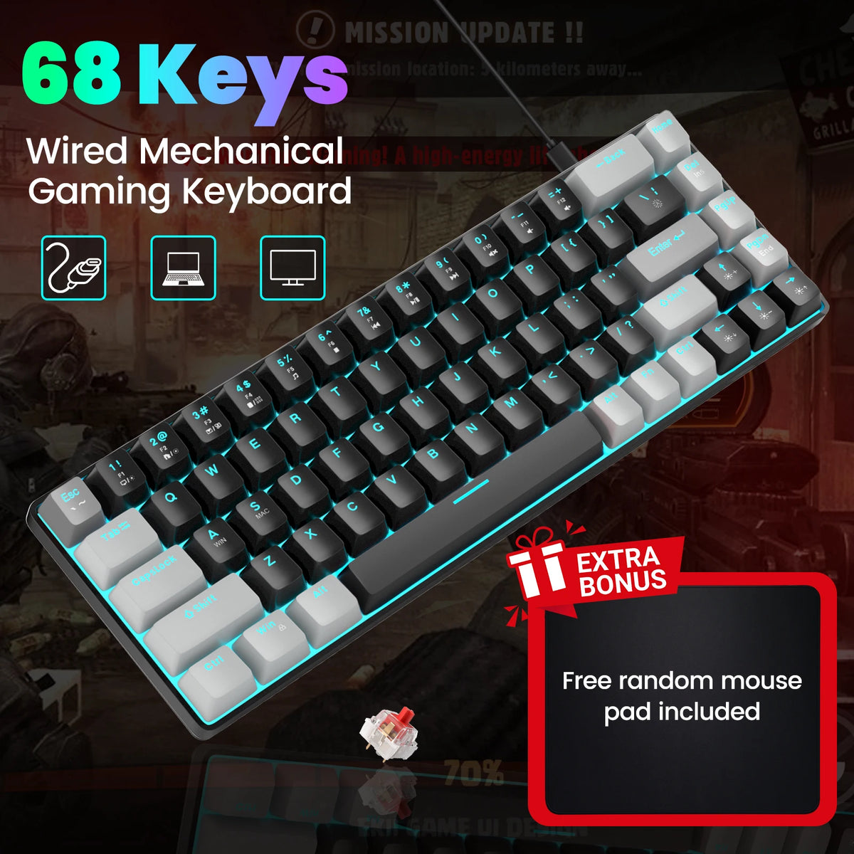 FocusOnPC MK-BOX Portable 60% Mechanical Gaming Keyboard, 68 Keys Compact Wired Keyboard with LED Backlight for Gaming & Office, Compatible with PC, Laptop & Mac, Free Random Mouse Pad Included
