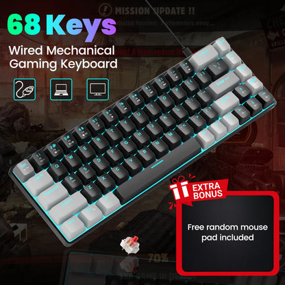 FocusOnPC MK-BOX Portable 60% Mechanical Gaming Keyboard, 68 Keys Compact Wired Keyboard with LED Backlight for Gaming & Office, Compatible with PC, Laptop & Mac, Free Random Mouse Pad Included