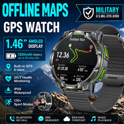 Men Outdoor GPS Smartwatch Offline Map 107 Sport Modes 1200mAh Battery BT Call Heart Rate BP SpO2 Fitness Sports Wrist Watch