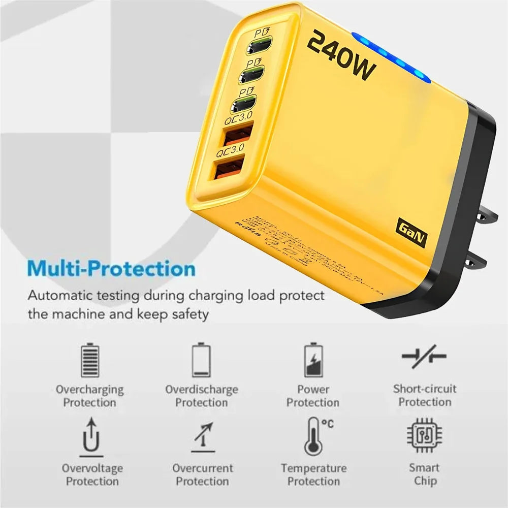 240W USB C Phone Charger Fast Charging Wall Adapters 100W 6A 3 In 1 USB-A to 3 ×Type-C Data Cables For iPhone 15 Samsung Xiaomi