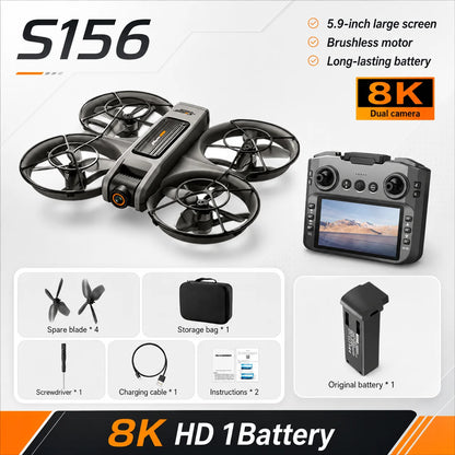 ZNLYRION S156 RC Drone 8K Dual Camera Quadcopter with 5.9-inch Screen Remote Brushless Motor Optical Flow Hovering 360° Protection WiFi FPV Remote Control Aircraft with Storage Bag 1 Battery