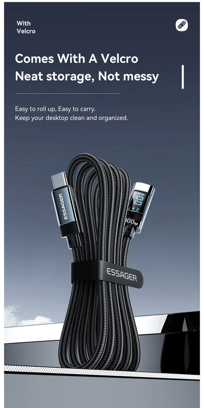 Essager PD100W USB Type C Cable 90 Degree 5A Fasting Charing For iPhone Xiaomi Samsung Huawei Laptops LED Digital Display Cable