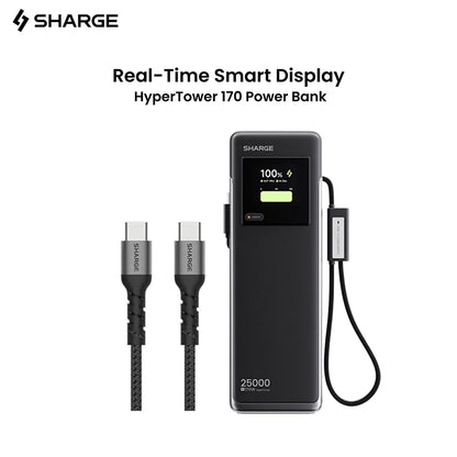 SHARGE 170W Laptop Power Bank 25000mAh Dual Built-in USB-C Cable Fast Charging Battery Pack for iPhone 17/16 Pro Max MacBook
