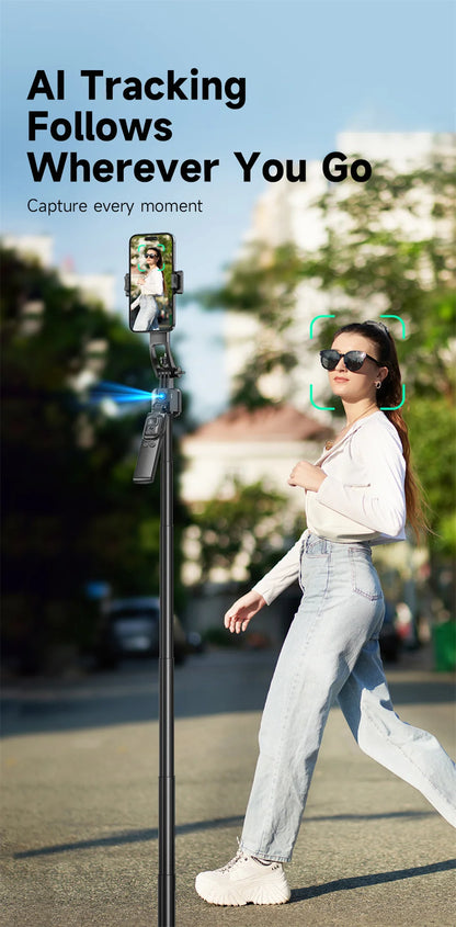 Selfie Stick Tripod Gimbal for Cell Phone 360° Auto-Rotation AI Tracking Stabilizer Shooting Quadrapod with Optional Fill Light