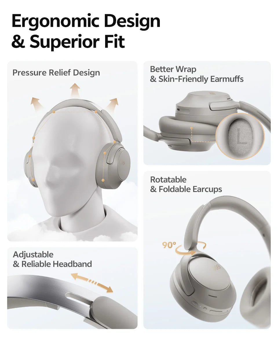 QCY Wireless Bluetooth 6.0 BH25H3SA Headphone 3D Spatial Audio Earphone -56dB Adaptive ANC 53mm Driver Foldable Over Ear Headset