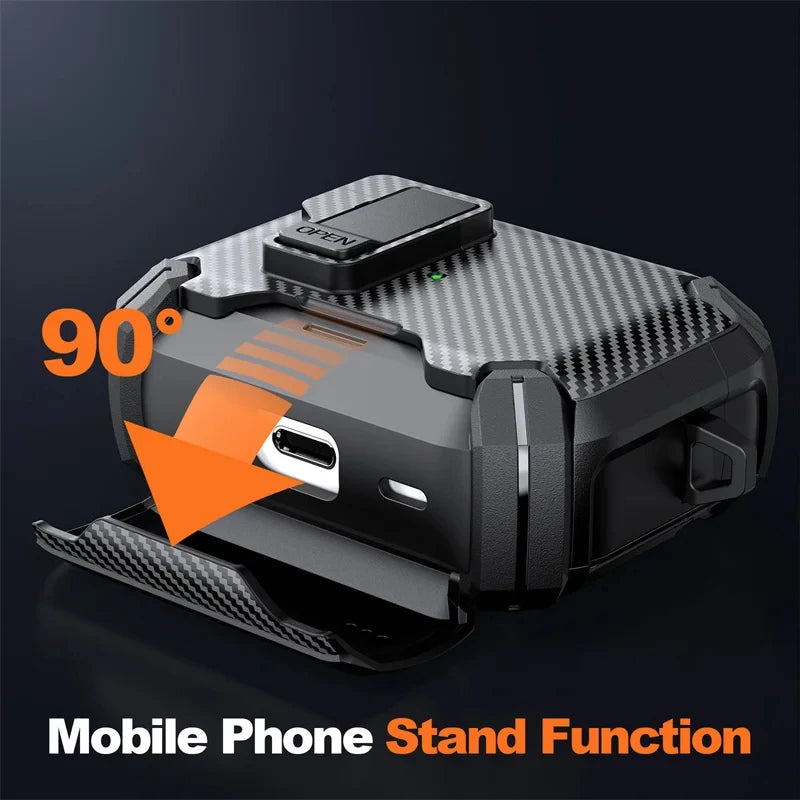 Safety Lock Carbon Fiber Phone Holder Bluetooth Headset Cover For AirPods 4 Pro 3 2 Anti Fall Protective Earphone Case With Hook