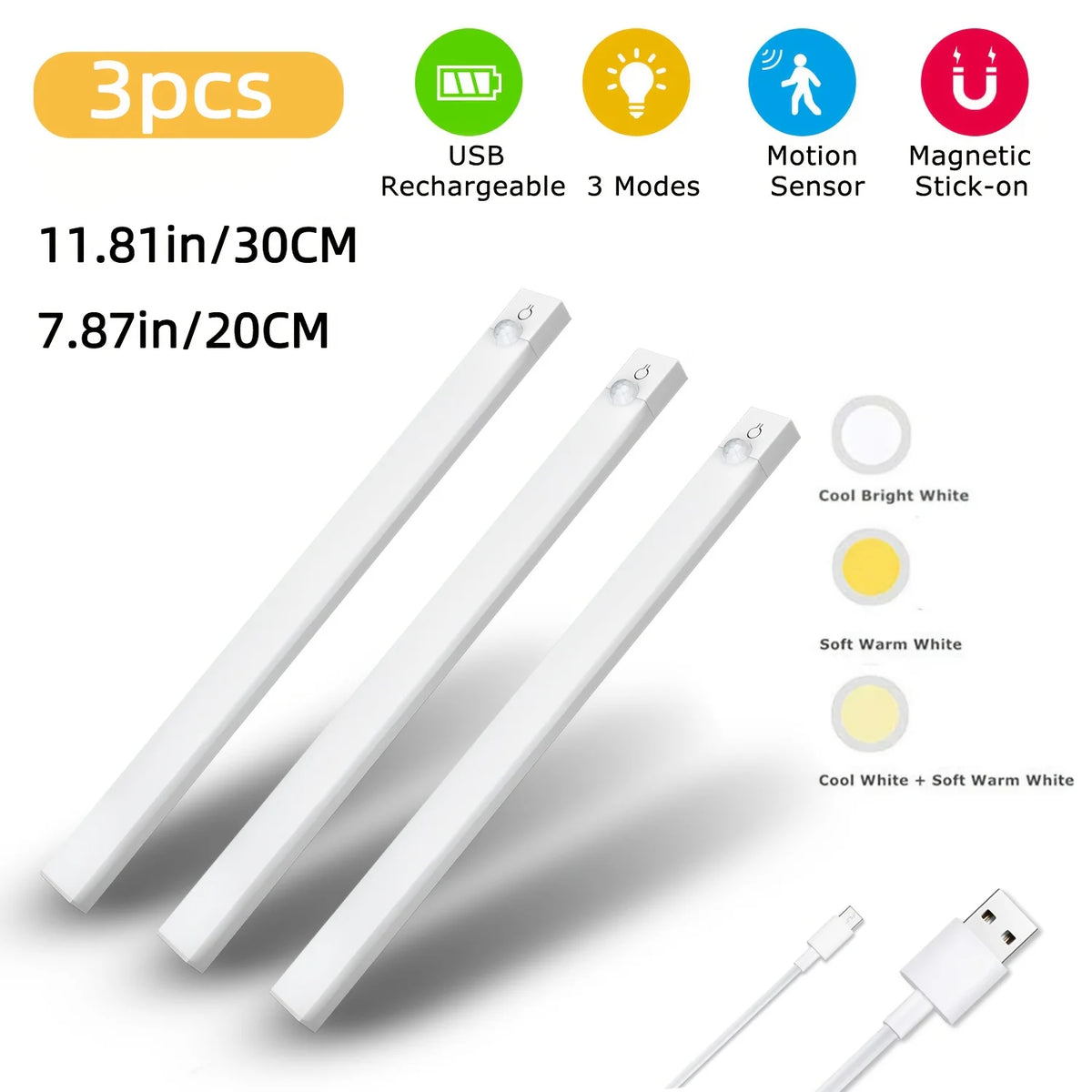 3pcs LED Motion Sensor - Dimmable Cabinet Lights, USB Rechargeable,3Color Modes,Night Light, for Bedroom,Staircase, Kitchen,Room