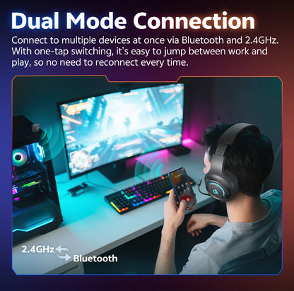 QCY Heroad V200 Gaming Headset Bluetooth 6.0 with Mic 50mm Driver 7.1 Surround Sound RGB Over Ear Headphones for PC Laptop PS4/5