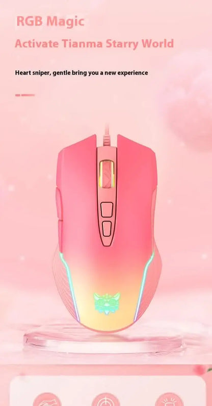 RGB Gaming Mouse Pink Cute Mouse 6400 DPI Wired Optical Mouse with Cool Lighting Mice for Home Office Notebook PC
