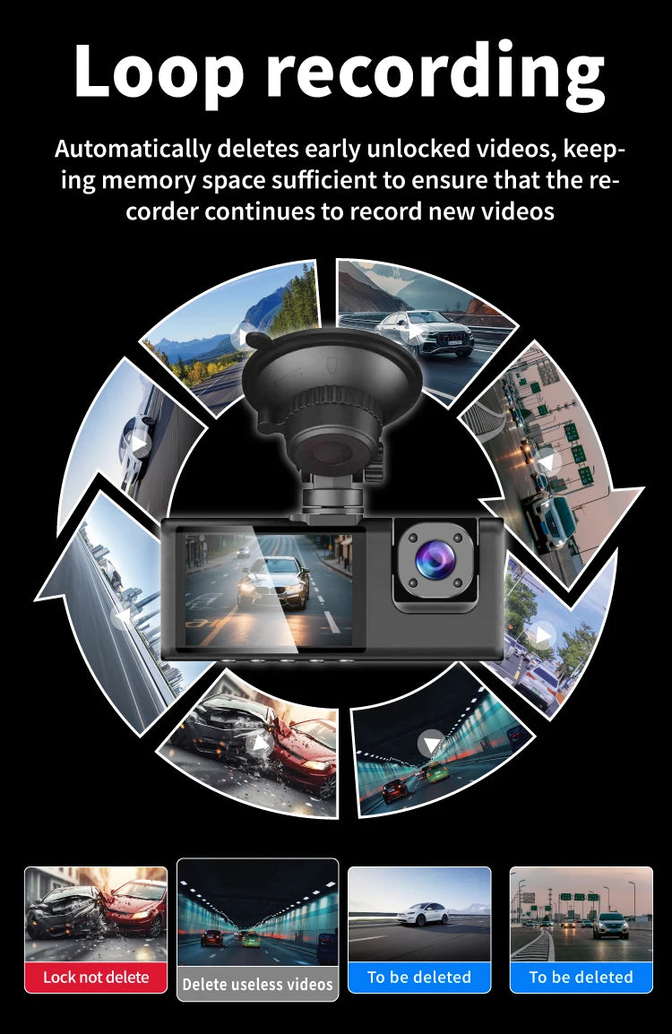 3 Channels Dash Camera For Cars HD 1080P Video Recorder 3 Lnes Front Inside Rear View Camera Night Vision Loop Recording Black B