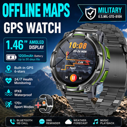 Men Outdoor GPS Smartwatch Offline Map 107 Sport Modes 1200mAh Battery BT Call Heart Rate BP SpO2 Fitness Sports Wrist Watch