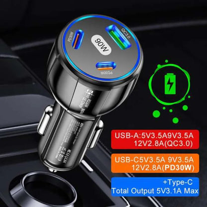 90W 3 Port Car Charger Super Fast Charger QC3.0 PD30W PPS High-Power Cigarette Lighter Fast Charger for iPhone/Huawei/Samsung