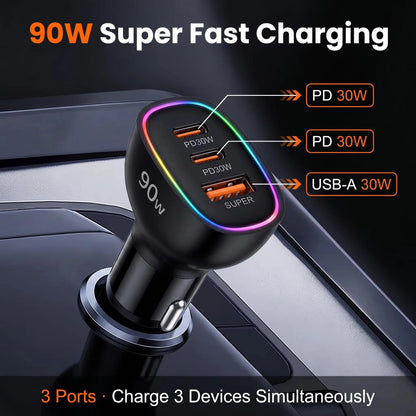 90W USB C Car Charger Fast Charging Multi Port Dual PD 30W Type C USB A 30W Adapter for Laptop Phone MacBook PPS QC3.0 RGB LED