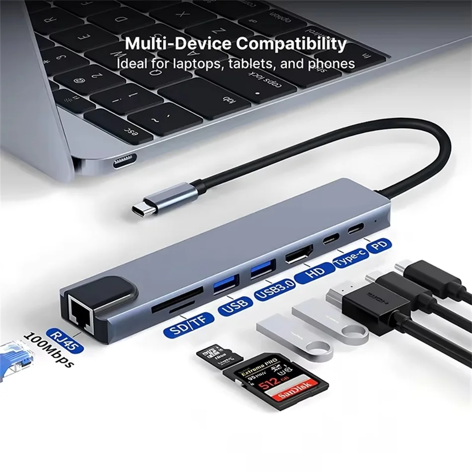 8 in 1 USB C HUB 3.0 Type C Splitter 4K Docking Station Laptop Adapter PD SD TF For Macbook Air M1 iPad Pro RJ45 HDMI-Compatible