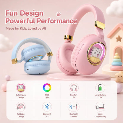 Kids Wireless Headphones with RGB light, 20H Battery Life, Transparent Capsule Cartoon Design, Bluetooth 5.3 Foldable Headset