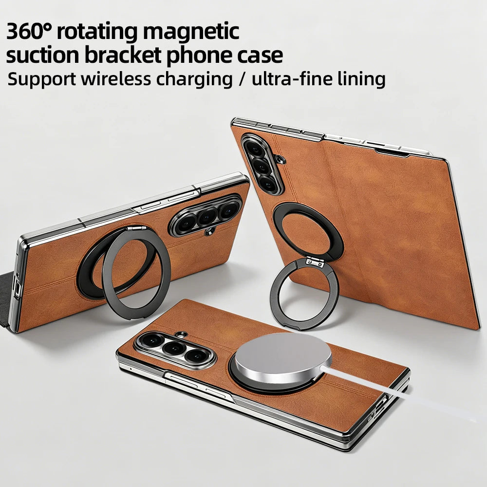 Magnetic Plain PU Leather Flip Phone Case With 360° Rotatable Ring Kickstand Holder for Samsung For Galaxy Z Fold 8 Ultra 7/6