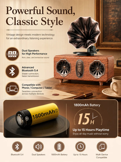 Retro Bluetooth Speaker,FM Radio Vintage Speaker Bass with USB TF AUX Player | Old Fashion Classic Style for Home, Office, Gift