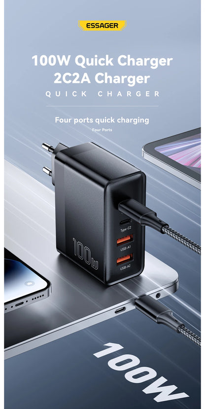 Essager 100W USB Type C Charger 65W PD Quick Charge4.0 3.0 Type-C Fast Charging For iPhone 14 13 12 Xiaomi Macbook 13 Pro Laptop