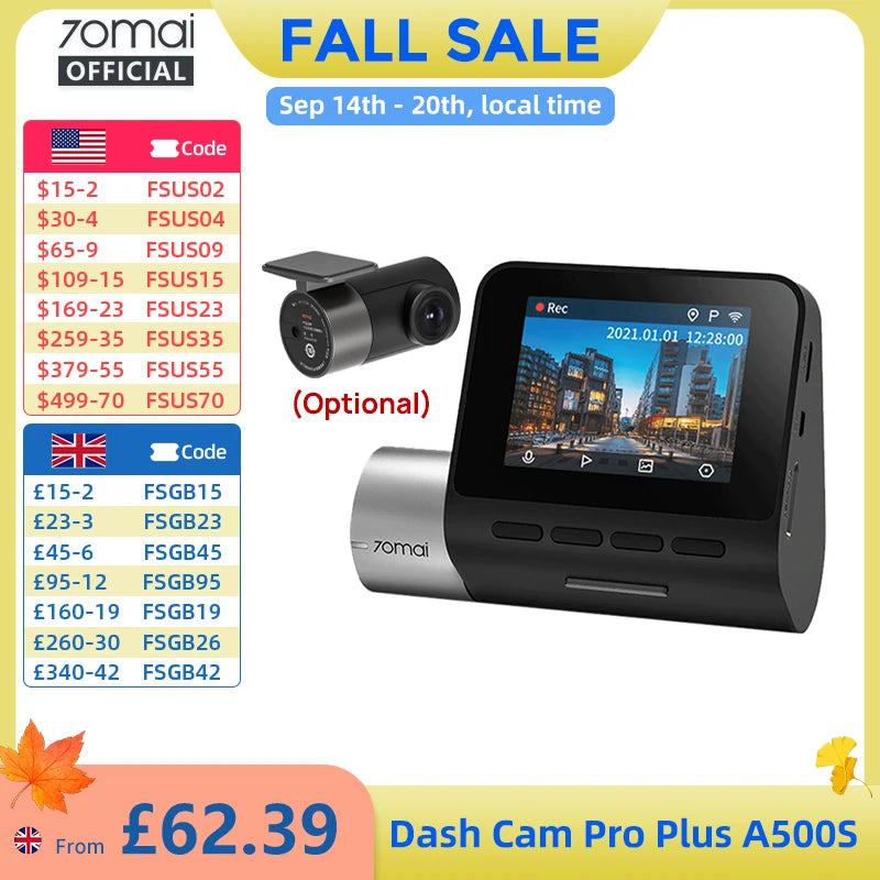 70mai Dash Cam Pro Plus A500S 1944P ADAS GPS Camera 70mai Front Cam A500S 140FOV Car DVR 24H Parking Support Rear Interior Cam