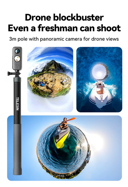 TELESIN 1.2M 3M Carbon Fiber Selfie Stick Monopod Extendable With 1/4 Screw For GoPro Insta360 Osmo Action DJI Action Camera