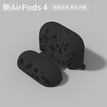 For AirPods 4th Generation Case with Cleaner Kit/Keychain Flower Engraved Silicone Shockproof Cover for 2024 AirPods 4 Case New