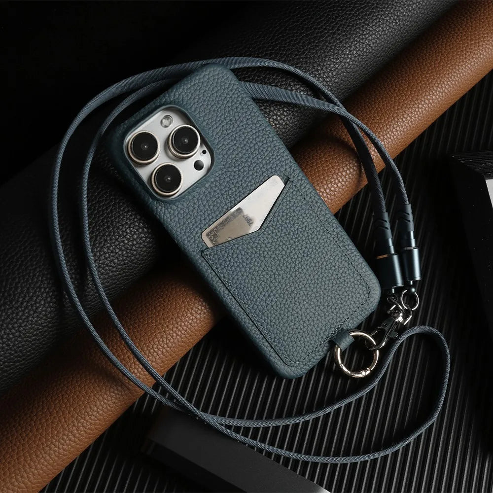 Multifunctional Charging Cable Lanyard Genuine Leather Case for IPhone 18 Pro Max 17Pro 16 15 14 13Pro Crossbody Strap Card Slot
