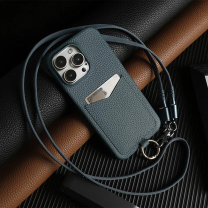 Multifunctional Charging Cable Lanyard Genuine Leather Case for IPhone 18 Pro Max 17Pro 16 15 14 13Pro Crossbody Strap Card Slot
