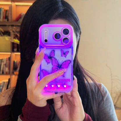 Change Color Luminous Call Light Up Purple Butterfly Pattern Phone Case For iPhone 16 15 13 12 11 14 17 Pro Max Plus Air X XSMax