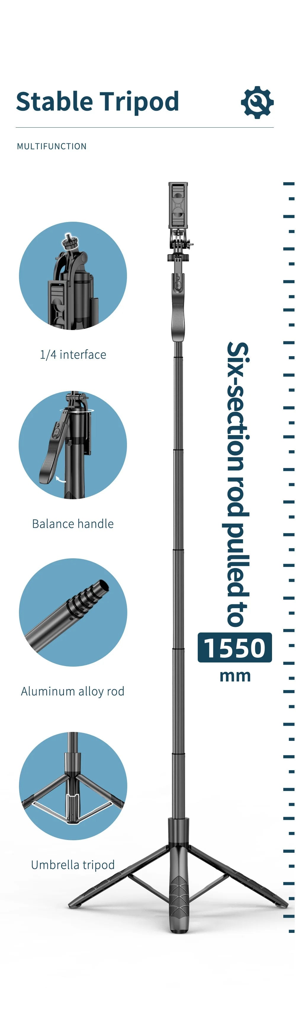1.55m Extendable Wireless Selfie Stick Tripod with Bluetooth Remote for iPhone Android GoPro,360°Rotation Phone Stand for Videos
