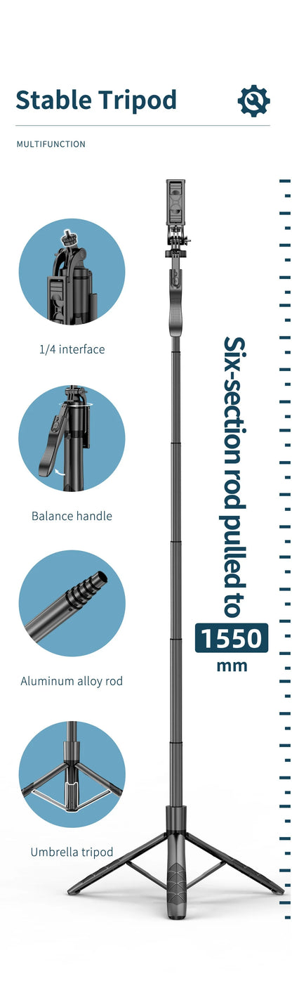 1.55m Extendable Wireless Selfie Stick Tripod with Bluetooth Remote for iPhone Android GoPro,360°Rotation Phone Stand for Videos