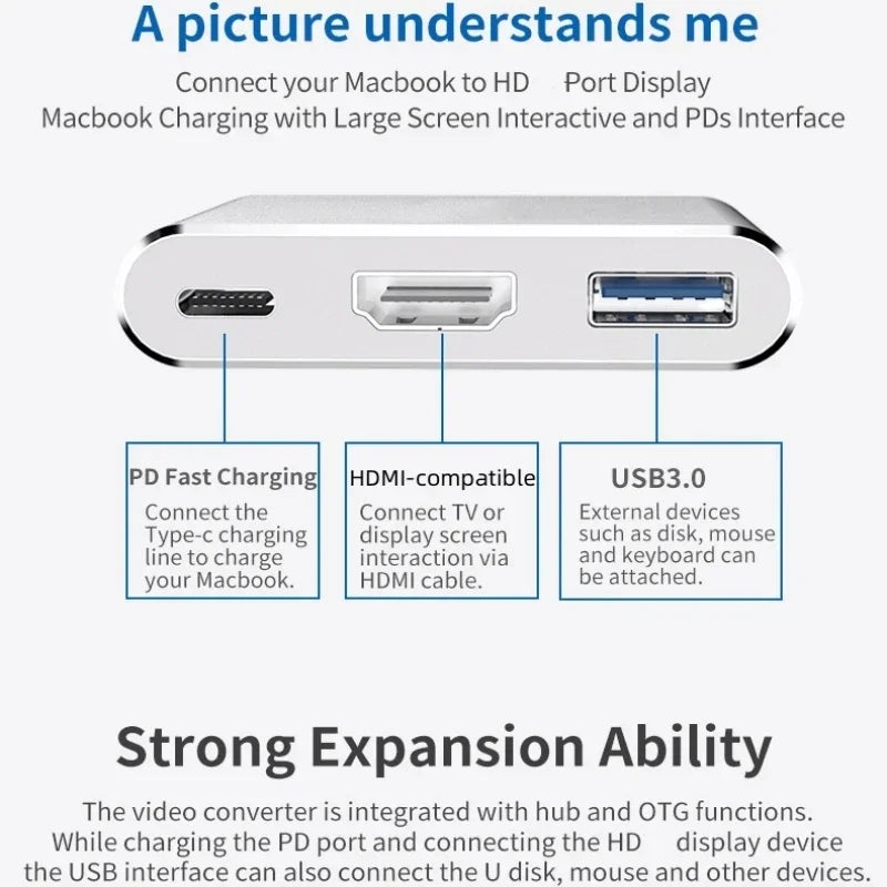 3-in-1 USB C Hub 100W Power Delivery USB 3.0 with 4K HDMI-Compatible for MacBook  Chromebook Steam Deck - Stable HUB Adapter