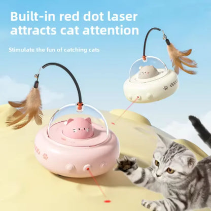 Electric UFO Smart Teaser Cat Toy with Bell Interactive Pet Teaser Stick Replaceable Feather Design for Training And Interactive