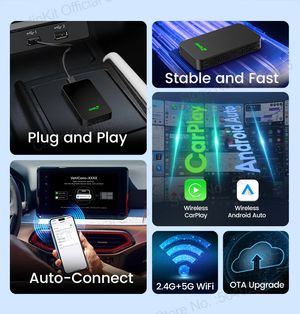 Carlinkit 5.0 2air Wireless CarPlay Android Auto Wireless Adapter 2in1 Plug and Play Auto Connection 5.8Ghz WiFi Bluetooth GPS