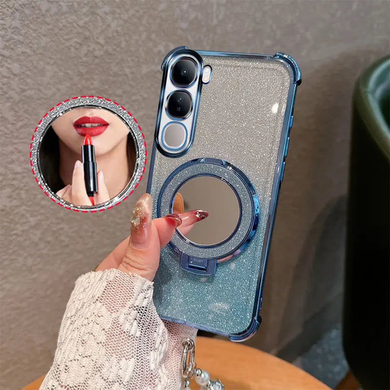 Bling Glitter Lipstick Mirror Stand Phone Case For Vivo Y31 5G Y21D With Pearl Chain Girls Women's Anti-drop Shockproof Cover