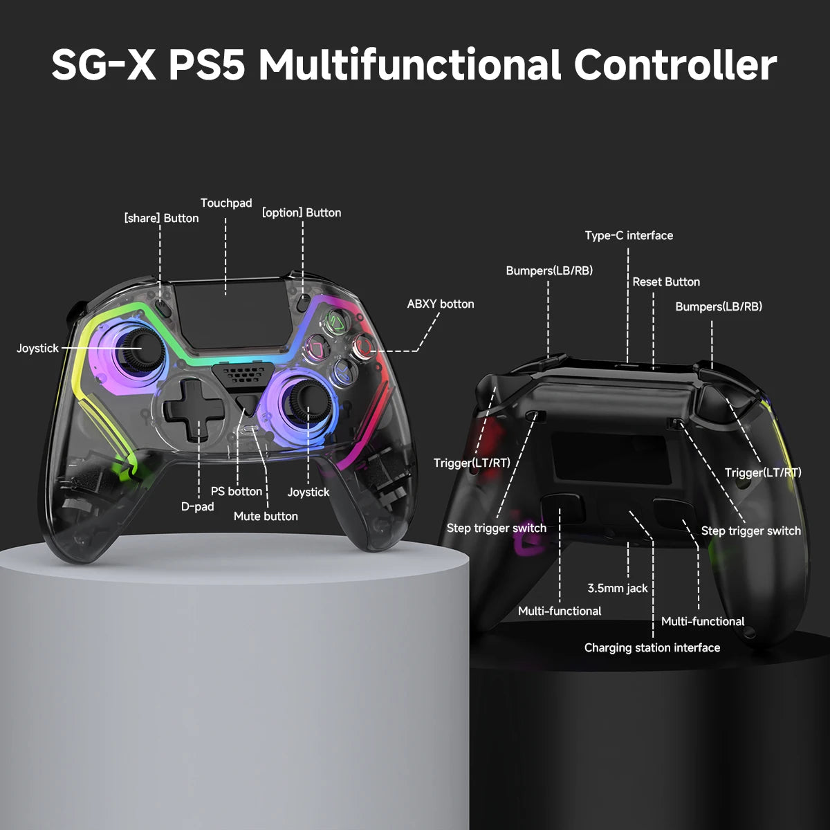 Transparent Wireless Controller HG-04D for PS5/PC/iOS/Android/Steam with BT 5.3,Macro Button,Touchpad,Hall Triggers & Joystick
