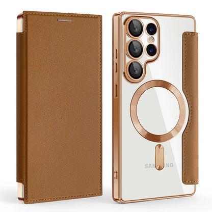 For Magsafe Magnetic Luxury Solid Color Leather Flip Wallet Card Slot Phone Case For Samsung S25 Ultra S23 S22 S24 Ultra Plus